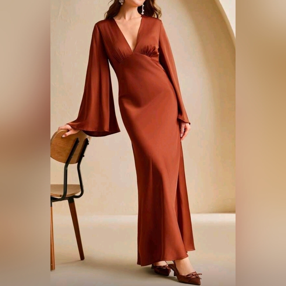 New Satin Maxi Dress Flare Long Sleeve High Waist Rust Orange